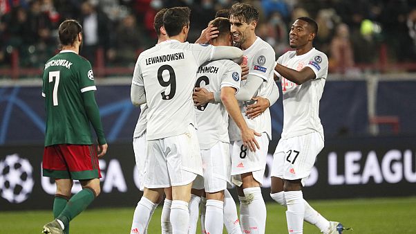 Les joueurs du Bayern Munich célébrant le but de Joshua Kimmich, lors de leur victoire face au Lokomotiv Moscou en phase de groupes de la Ligue des champions, le 27/10/2020 Les joueurs du Bayern Munich célébrant le but de Joshua Kimmich, lors de leur victoire face au Lokomotiv Moscou en phase de groupes de la Ligue des champions, le 27/10/2020