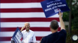 Democratic presidential candidate former Vice President Joe Biden greets supporters at a drive-in rally at Cellairis Amphitheatre in Atlanta, Tuesday, Oct. 27, 2020. 