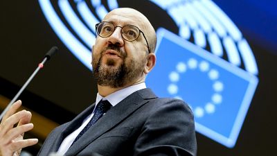 European Council President Charles Michel addresses the chamber on a report of last weeks EU summit during a plenary session at the European Parliament in Brussels, 2020.