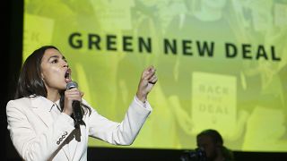  Rep. Alexandria Ocasio-Cortez, D-N.Y., addresses The Road to the Green New Deal Tour final event at Howard University in Washington, Monday, May 13, 2019.