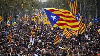 Pro-independence flags on display during a demonstration in Barcelona, October 2019.