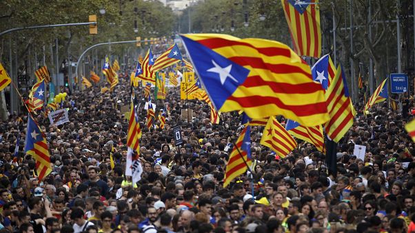 Pro-independence flags on display during a demonstration in Barcelona, October 2019. Pro-independence flags on display during a demonstration in Barcelona, October 2019.
