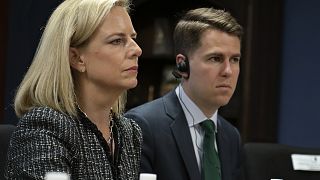 File: Then-Secretary of Homeland Security Kirstjen Nielsen and then-Department of Homeland Security chief of staff Miles Taylor, right. Tegucigalpa, Honduras. March 27, 2018.