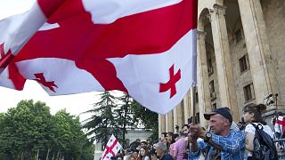 Opposition demonstrators wave a Georgian national flags as they gather in front of the Georgian Parliament building in Tbilisi, Georgia, Monday, June 24, 2019.