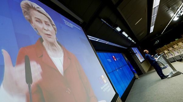 European Council President Charles Michel, right, and European Commission President Ursula von der Leyen, left, via video link European Council President Charles Michel, right, and European Commission President Ursula von der Leyen, left, via video link