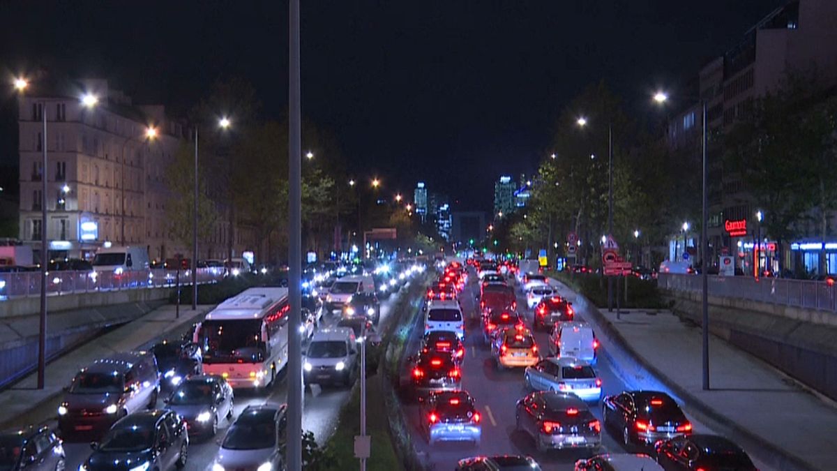 Cars stuck on a Paris road ahead of France's second lockdown.