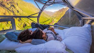 The Natura Vive Skylodge capsule suites looks out over the majestic Sacred Valley