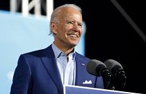 Democratic presidential candidate and former Vice President Joe Biden speaks to a crowd of supporters during a drive-in rally at the Florida.