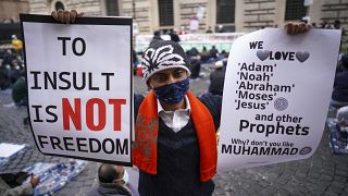 Members of an Italian Muslim association stage a sit-in and prayer to condemn what they see as persecutory acts against the Islamic community in France. Rome. October 30, 2020