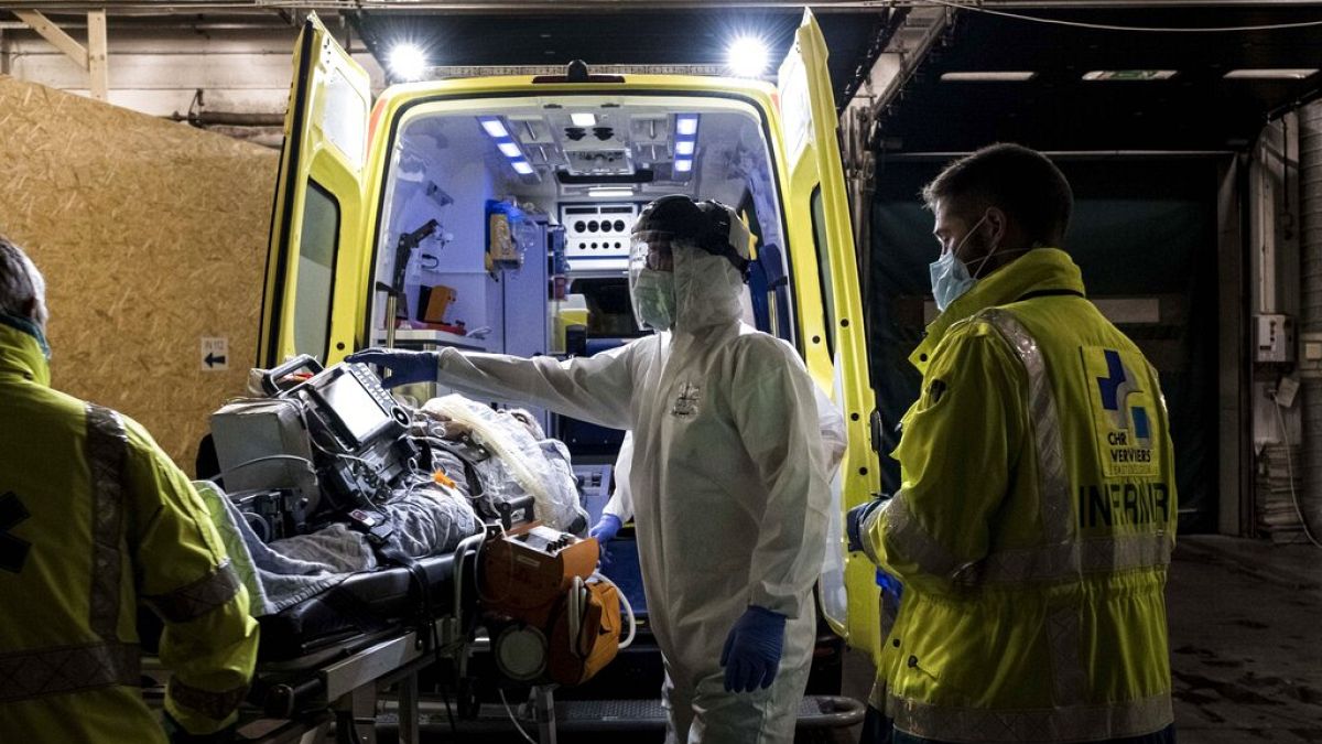 Ambulance crew work as a patient arrives at the CHR CItadelle hospital in Liege, Belgium
