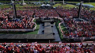 In this Oct. 23, 2020, photo, President Donald Trump speaks during a campaign rally at The Villages Polo Club in The Villages, Fla