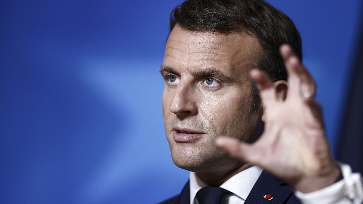 French President Emmanuel Macron speaks during a media conference at the end of an EU summit in Brussels, Friday, Oct. 16, 2020.