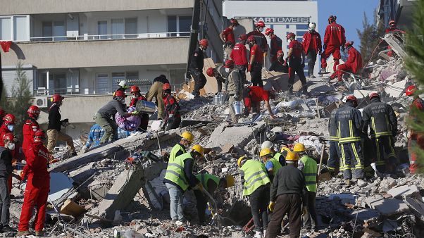 Members of rescue services search for survivors in the debris of a collapsed building in Izmir, Turkey, Saturday, Oct. 31, 2020 Members of rescue services search for survivors in the debris of a collapsed building in Izmir, Turkey, Saturday, Oct. 31, 2020