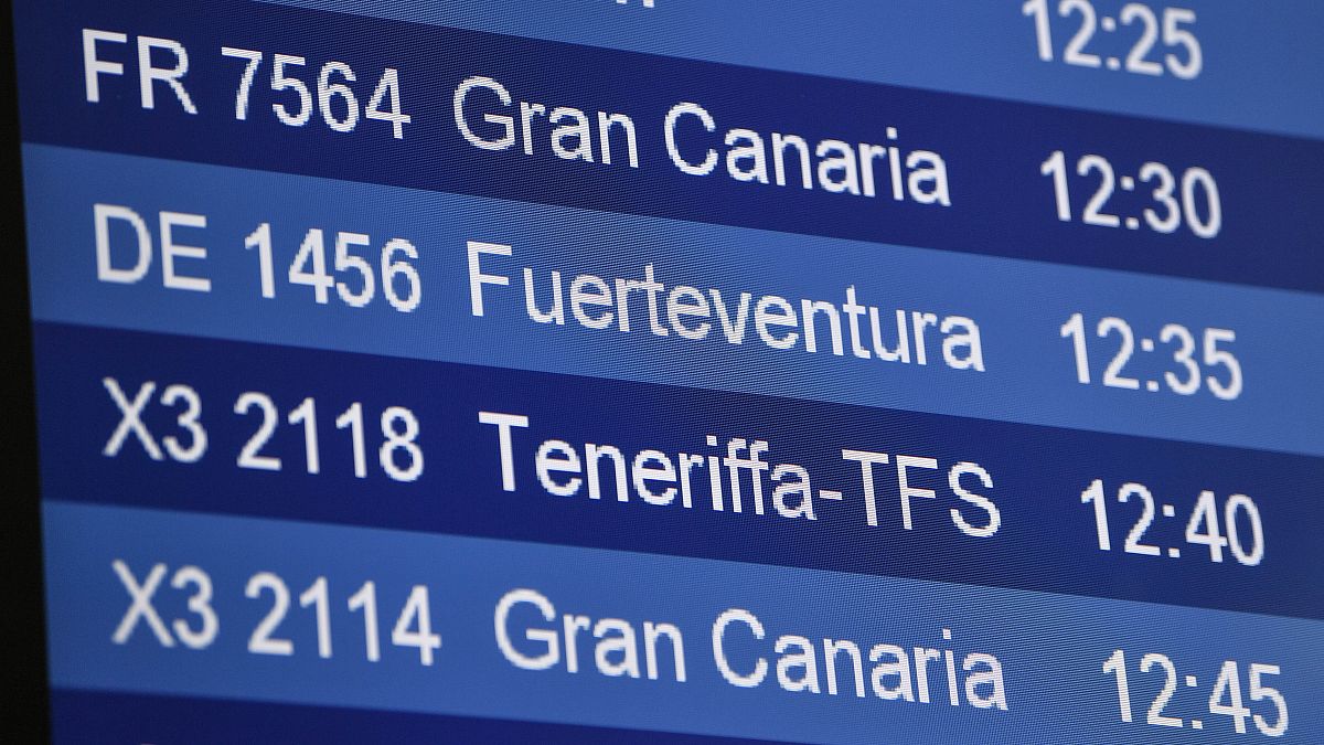 Panel de vuelos a las Islas Canarias en el aeropuerto alemán de Düsseldorf en julio 2020 