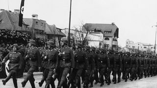 German troops en masse on the march in Bucharest, Romania on Dec. 27, 1940
