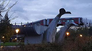 Hollanda'nın Rotterdam kentinde raydan çıkan bir metro, balina kuyruğu heykelinin üzerinde durdu. Kazada yaralanan olmadı