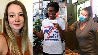 Rachel Oakland, a US voter in France (Left), Stacey Kruckel, a US voter in Germany (centre), Kendall Lack, a US voter in France (left).