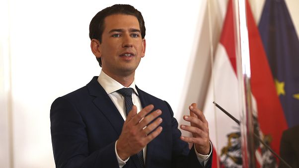 Austrian Chancellor Sebastian Kurz speaks during a press conference behind plexiglass shields at the federal chancellery in Vienna, Austria, Saturday, Oct. 31, 2020. Austrian Chancellor Sebastian Kurz speaks during a press conference behind plexiglass shields at the federal chancellery in Vienna, Austria, Saturday, Oct. 31, 2020.