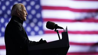 Democratic presidential candidate former Vice President Joe Biden speaks at a drive-in rally at Heinz Field, Monday, Nov. 2, 2020, in Pittsburgh. 