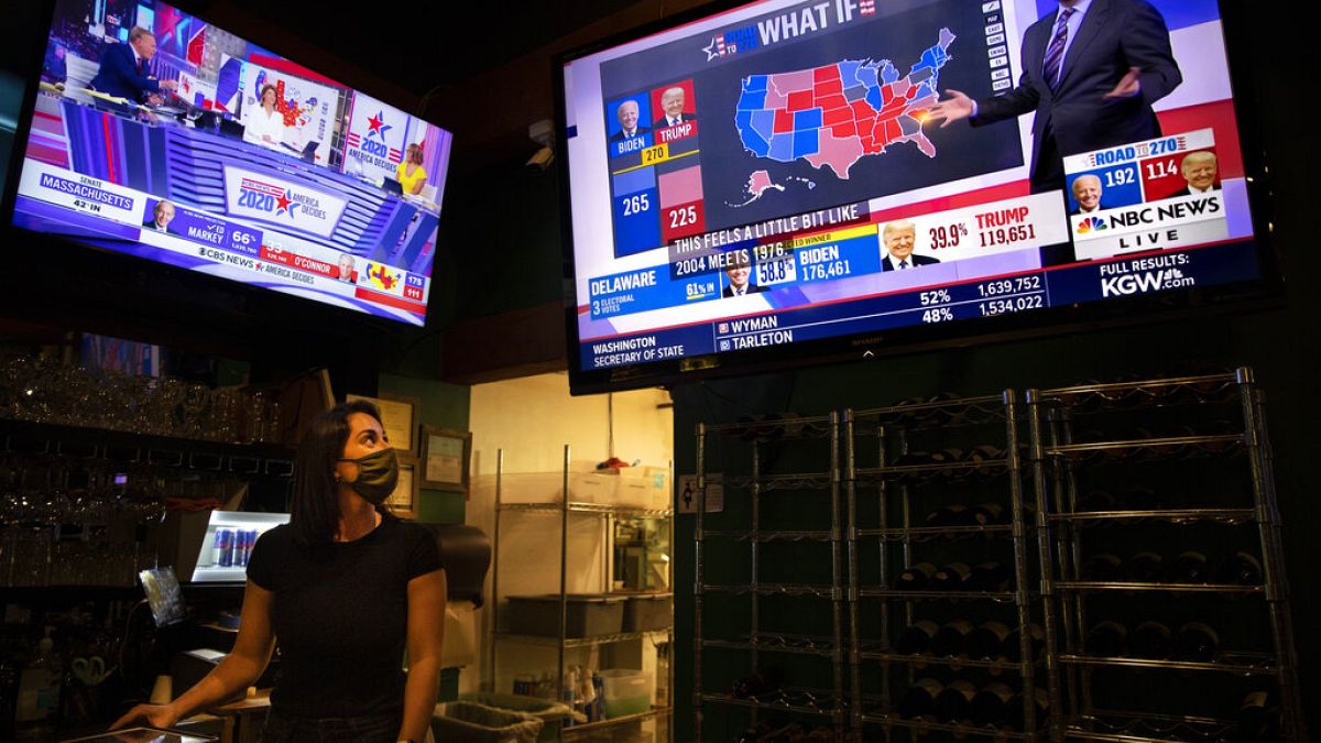 Bartender Sam Schilke watches election results on television at a bar and grill Tuesday, Nov. 3, 2020, in Portland, Ore. (AP Photo/Paula Bronstein)