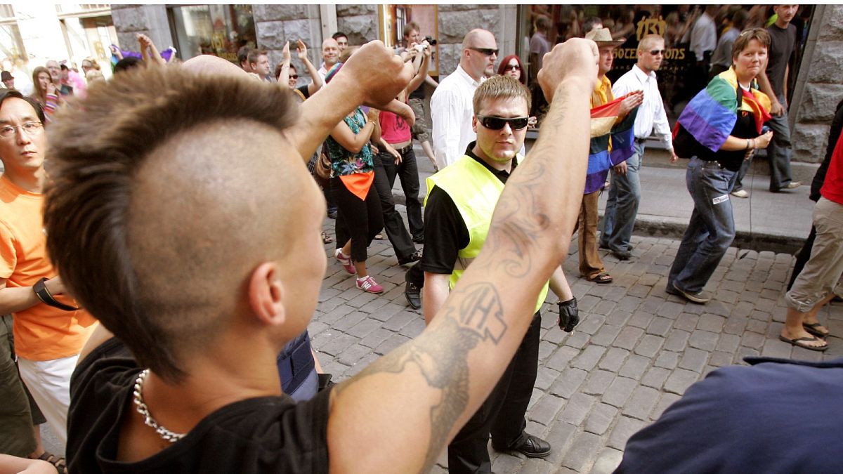 A right-wing skinhead threatens participants 11 August 2007 in central Tallinn during the Tallinn Pride Parade