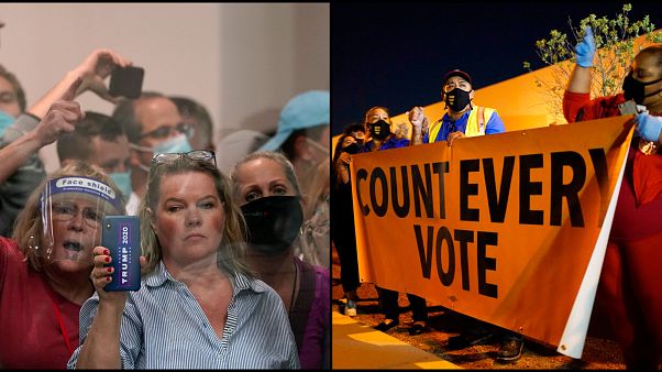 "Stoppez le décompte" ou "Comptez toutes les voix", les manifestations des camps Trump et Biden ont émaillé la journée et la soirée du 4 novembre aux Etats-Unis "Stoppez le décompte" ou "Comptez toutes les voix", les manifestations des camps Trump et Biden ont émaillé la journée et la soirée du 4 novembre aux Etats-Unis