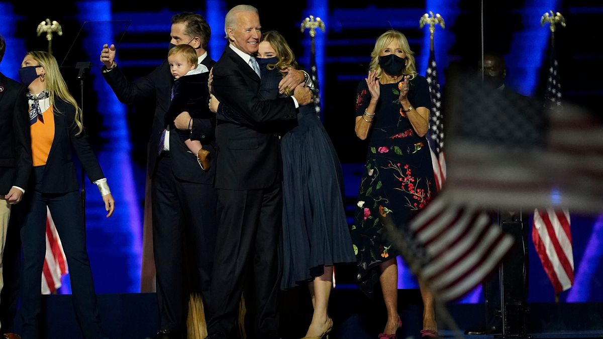 President-elect Joe Biden, center, with his wife Jill Biden and members of this family on stage, Saturday, Nov. 7, 2020, in Wilmington, Del.