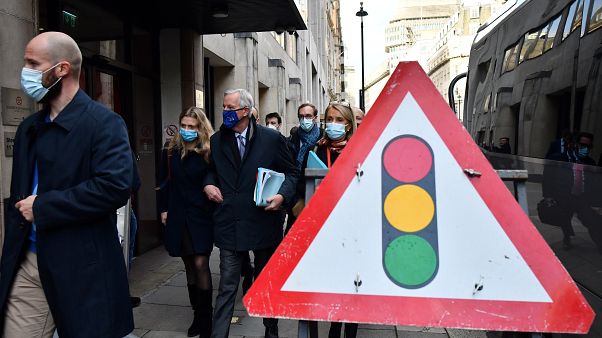 EU chief Brexit negotiator Michel Barnier, wearing an EU flag-themed facemask, in London on October 28, 2020 to attend the latest round of Brexit trade talks with the UK. EU chief Brexit negotiator Michel Barnier, wearing an EU flag-themed facemask, in London on October 28, 2020 to attend the latest round of Brexit trade talks with the UK.