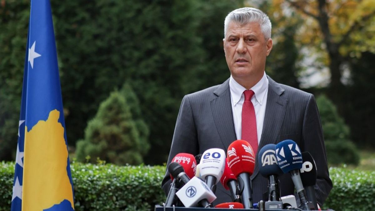 Kosovo president Hashim Thaci addresses the nation as he announced his resignation to face war crimes charges 