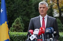 Kosovo president Hashim Thaci addresses the nation as he announced his resignation to face war crimes charges