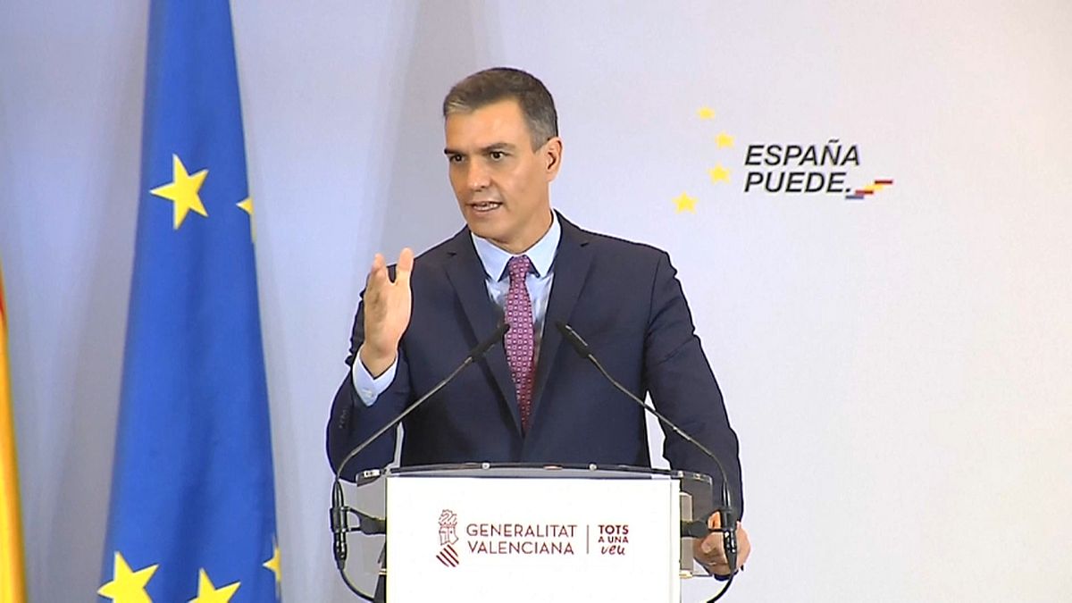 Pedro Sánchez, presidente del Gobierno español en una conferencia en Valencia, España.