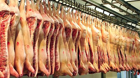 Pigs hung in an abattoir
