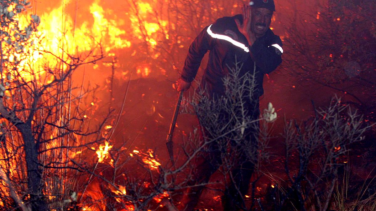 An fireman struggles against a fire, late 01 September 2007 night in Tzarift, near Tlemcen, north-west of Algeria.