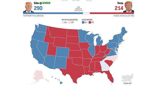 Az amerikai elnökválasztás kimenetele 2020. november 7-én, közép-európai idő szerint 20:00 órakor Az amerikai elnökválasztás kimenetele 2020. november 7-én, közép-európai idő szerint 20:00 órakor