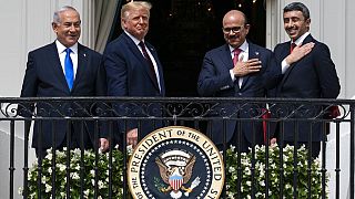 Israeli Prime Minister Benjamin Netanyahu, left, President Donald Trump, Bahrain's Khalid bin Ahmed Al Khalifa the UAE's Foreign Minister Abdullah Zayed al-Nahyan