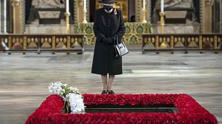 Britain's Queen Elizabeth II attends a ceremony to mark the centenary of the burial of the Unknown Warrior, in Westminster Abbey, London, Wednesday, Nov. 4, 2020