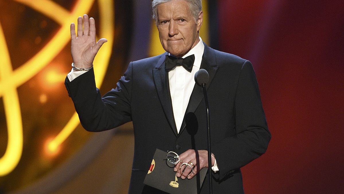 FILE - This May 5, 2019, file photo shows Alex Trebek gestures while presenting an award at the 46th annual Daytime Emmy Awards in Pasadena, Calif. 