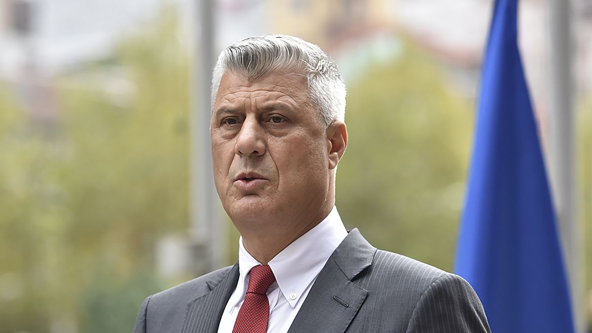 Kosovo president Hashim Thaci addresses the nation as he announced his resignation to face war crimes charges in Kosovo capital Pristina on Thursday, Nov. 5, 2020. 