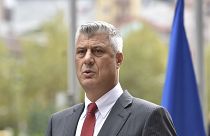 Kosovo president Hashim Thaci addresses the nation as he announced his resignation to face war crimes charges in Kosovo capital Pristina on Thursday, Nov. 5, 2020.