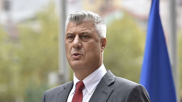 Kosovo president Hashim Thaci addresses the nation as he announced his resignation to face war crimes charges in Kosovo capital Pristina on Thursday, Nov. 5, 2020. Kosovo president Hashim Thaci addresses the nation as he announced his resignation to face war crimes charges in Kosovo capital Pristina on Thursday, Nov. 5, 2020.