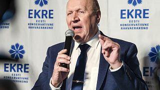 FILE: Monday, March 4, 2019, the then Chairman of the Estonian Conservative People's Party (EKRE) Mart Helme speaks at the headquarters after parliamentary election