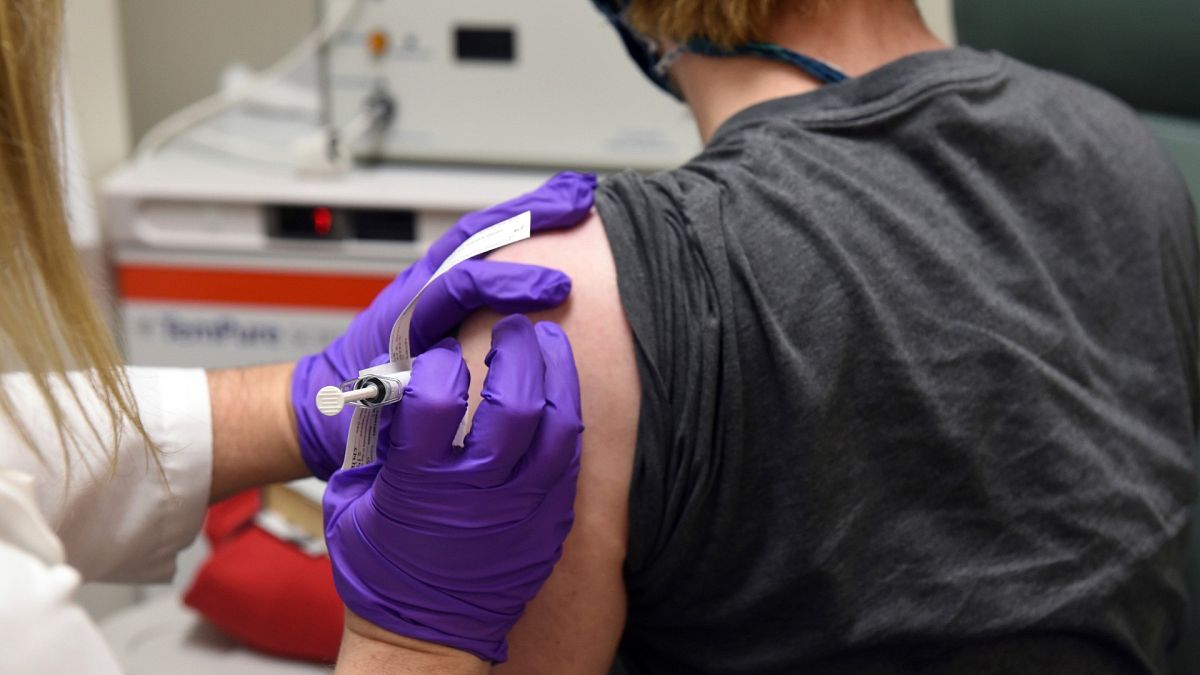 This May 4, 2020, photo from the University of Maryland School of Medicine, shows the first patient enrolled in Pfizer's COVID-19 coronavirus vaccine clinical trial.