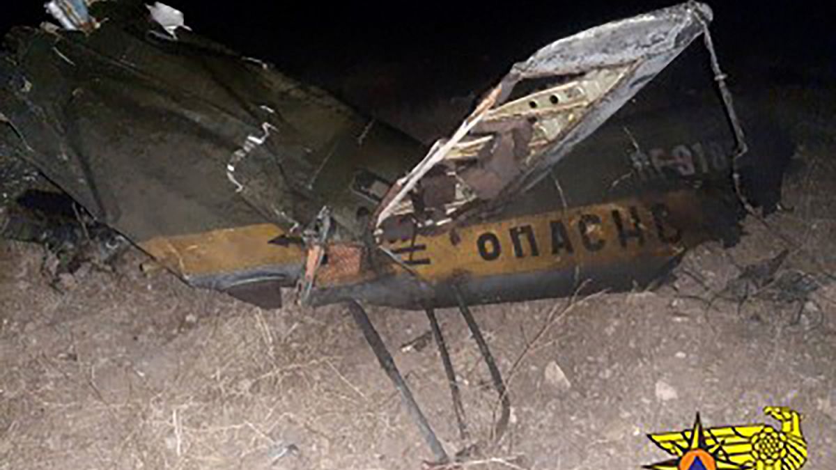 This handout picture provided by the Armenian Emergency Situations Ministry, reportedly shows the remains of a Russian helicopter that was shot down