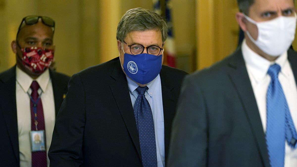 US Attorney General William Barr leaves the office of Senate Majority Leader Mitch McConnell of Ky., on Capitol Hill in Washington, Monday, Nov. 9, 2020. 