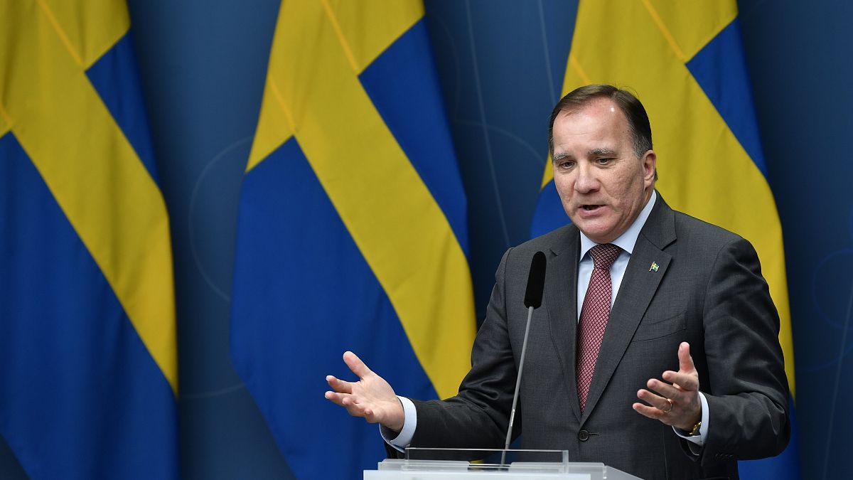 Stefan Lofven gives a news conference on new restrictions to curb the spread of the coronavirus pandemic, in Stockholm, Sweden, Wednesday Nov. 11, 2020