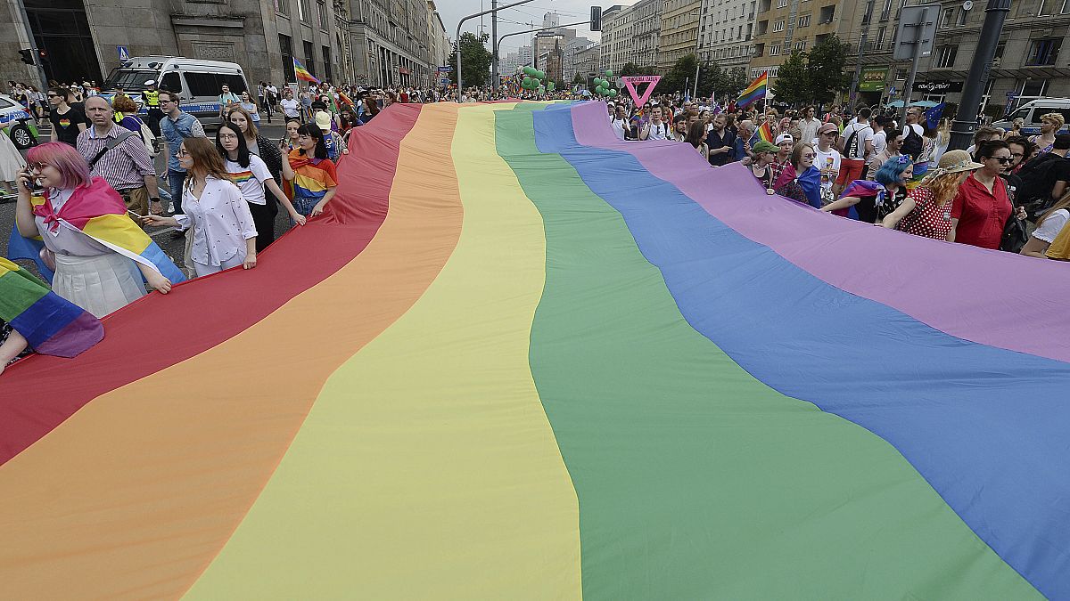 People take part in a gay pride parade in Warsaw, Poland, on Saturday, June 8, 2019.