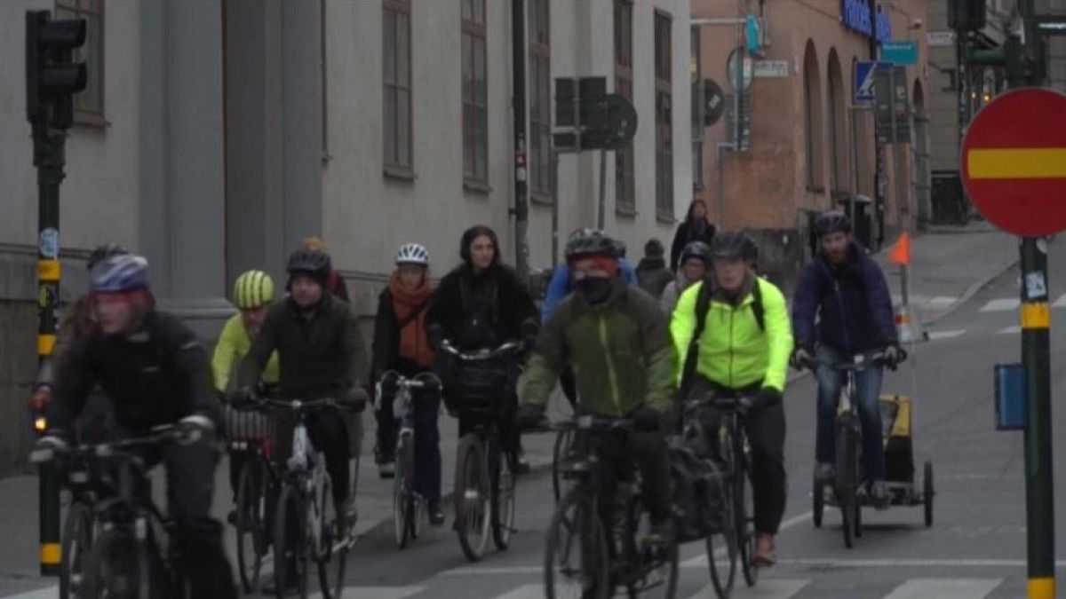 Cyclists commute through central Malmo 