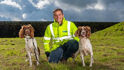 Yorkshire Water's leakage manager, Simon Redfern with CAPE dogs, Denzel and Kilo Yorkshire Water's leakage manager, Simon Redfern with CAPE dogs, Denzel and Kilo