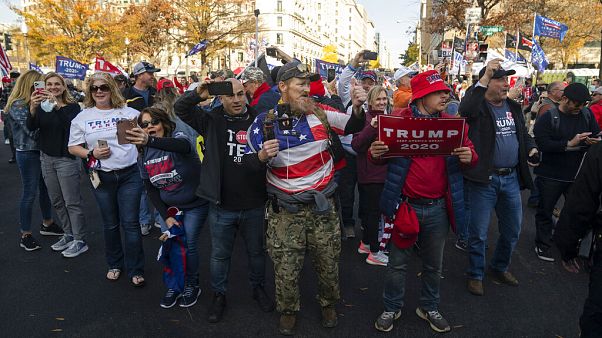 Supporters of President Donald Trump cheer as his motorcade drives past a rally of supporters near the White House, Saturday, Nov. 14, 2020, in Washington. (AP Photo/Evan Vucc