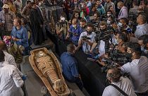 Recently discovered sarcophagus on display to media in  Giza, Cairo